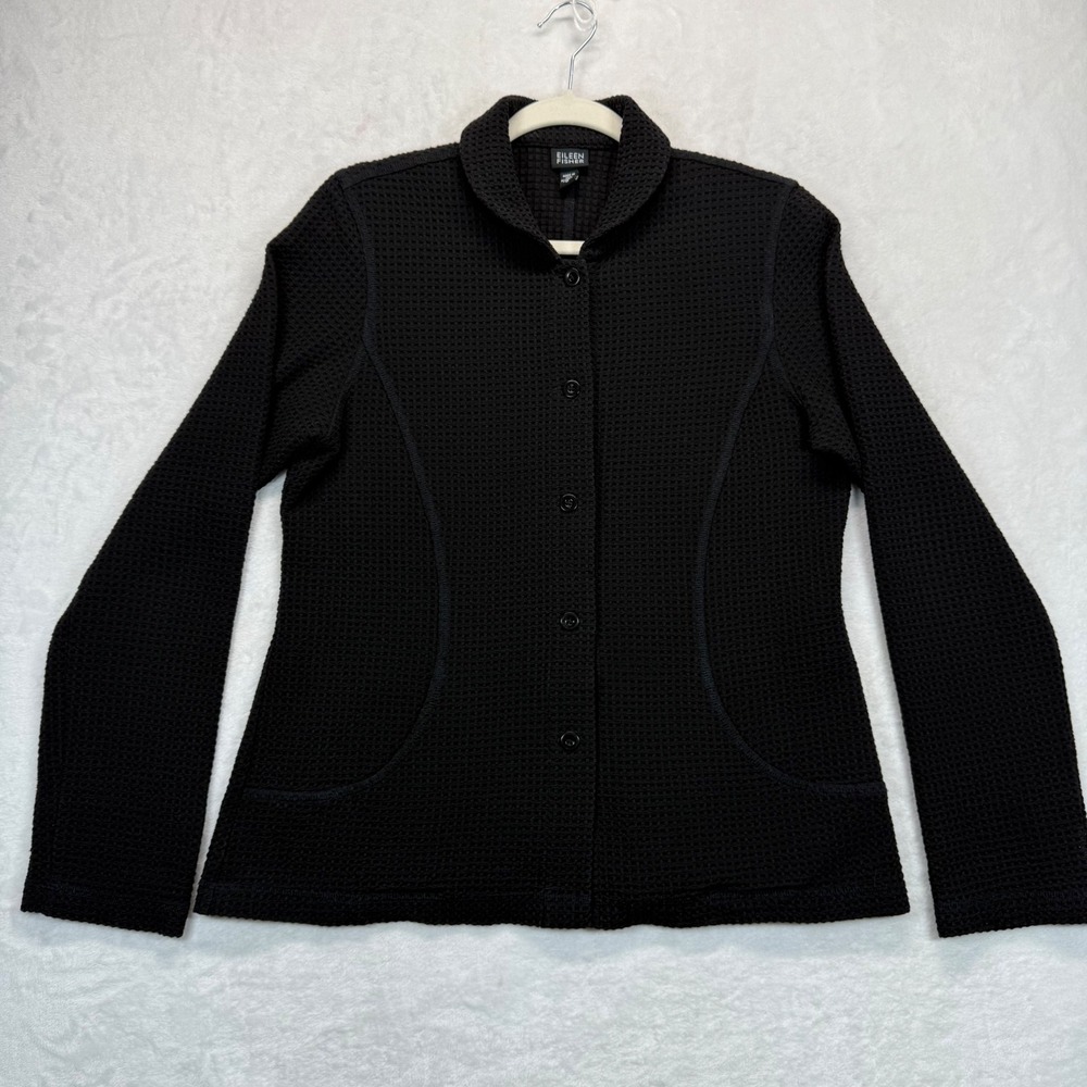 Eileen Fisher Black Textured Knit Jacket Made in USA Italian‎ Fabric M